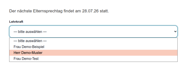 Auswahl einer Demo-Lehrkraft im Terminbuchungsformular für einen Elternsprechtag